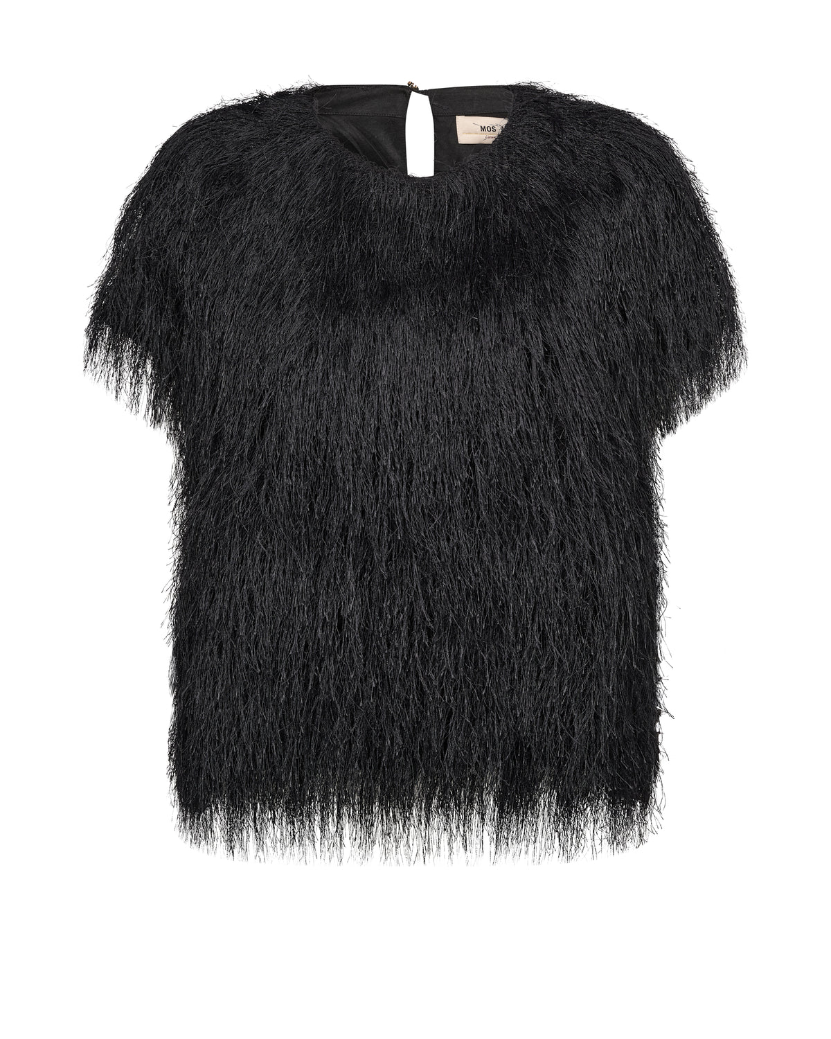 A black short-sleeved top with a shaggy, feather-like textured finish, featuring a keyhole neckline with a white tie detail, shown against a plain white background.