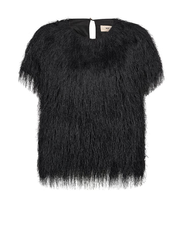 A black short-sleeved top with a shaggy, feather-like textured finish, featuring a keyhole neckline with a white tie detail, shown against a plain white background.