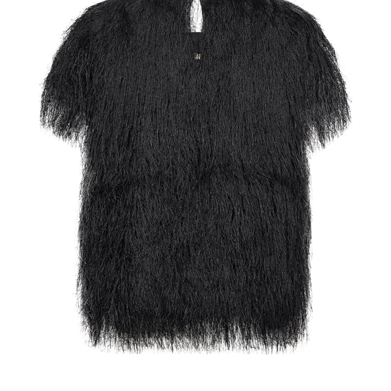 A black shaggy faux-fur short-sleeve top with a keyhole back detail, shown flat against a white background.