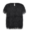 A black shaggy faux-fur short-sleeve top with a keyhole back detail, shown flat against a white background.
