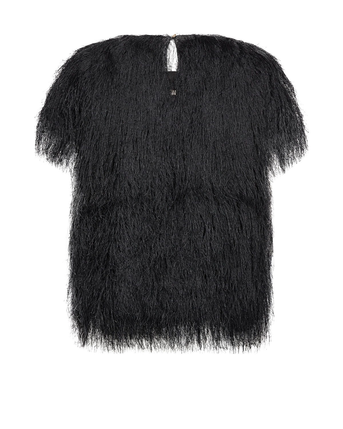 A black shaggy faux-fur short-sleeve top with a keyhole back detail, shown flat against a white background.