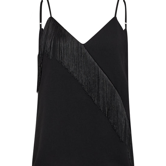 Black cami with fringe on a white background