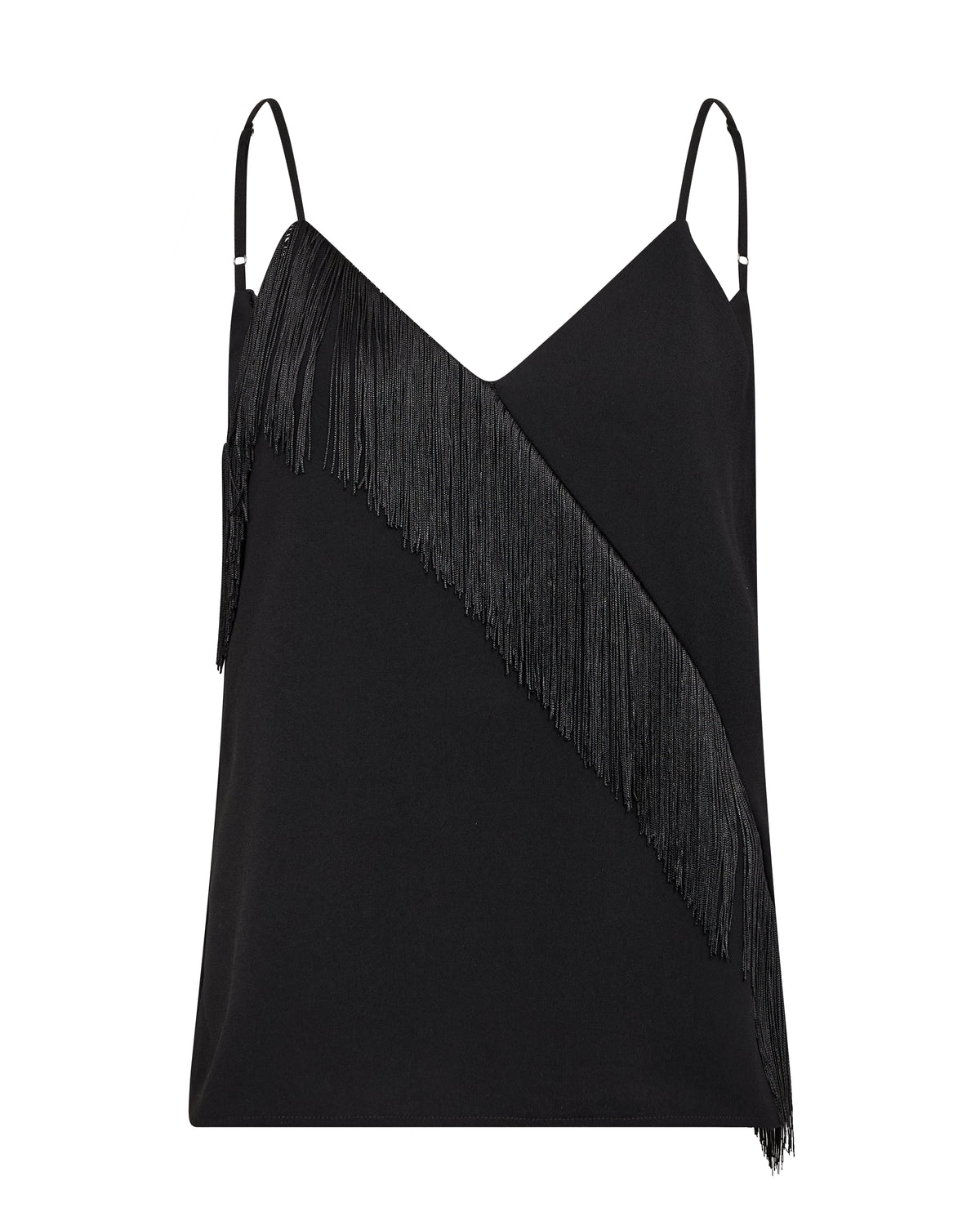 Black cami with fringe on a white background