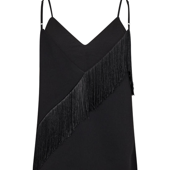 Black cami with fringe on a white background rear view