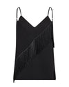 Black cami with fringe on a white background rear view
