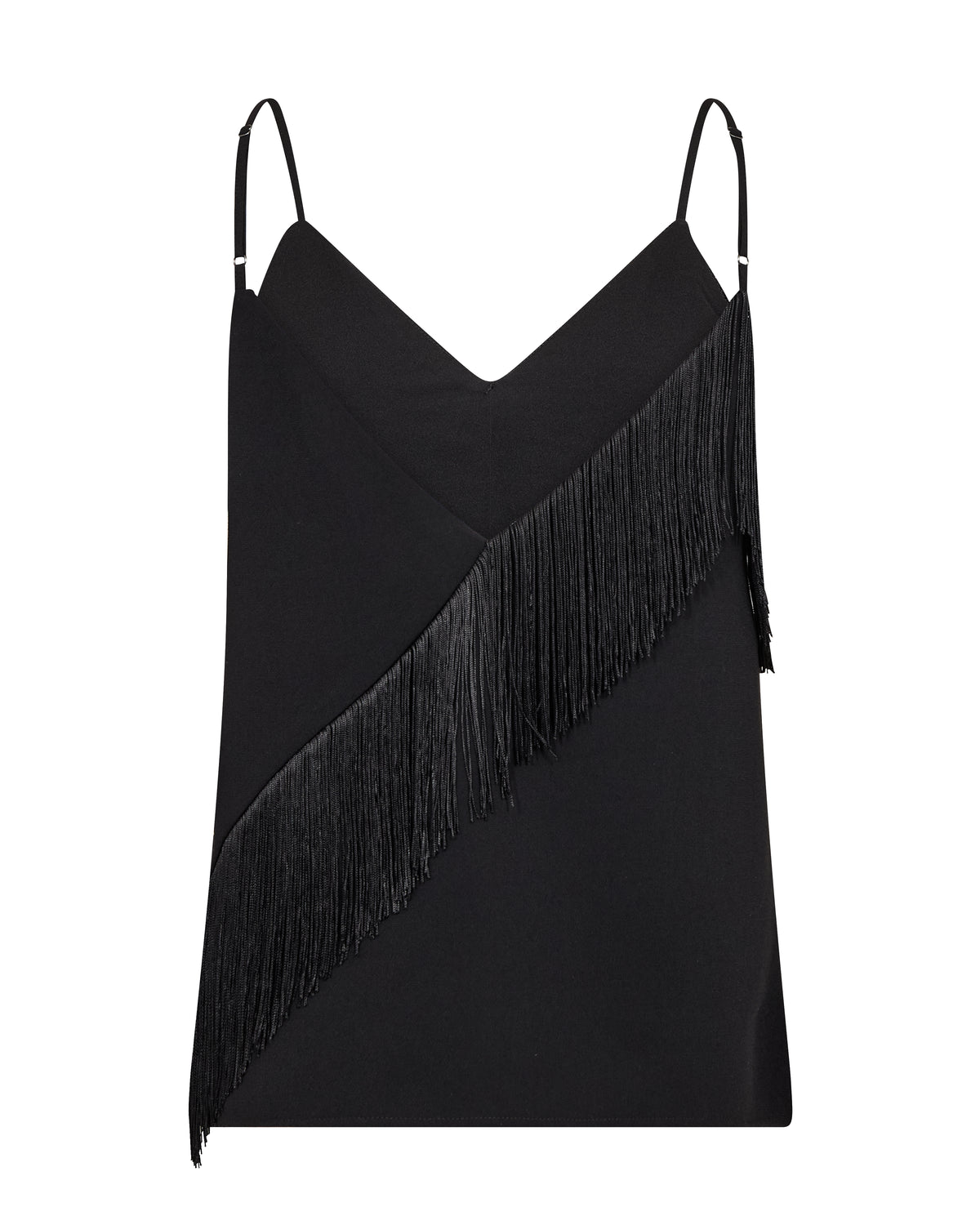 Black cami with fringe on a white background rear view