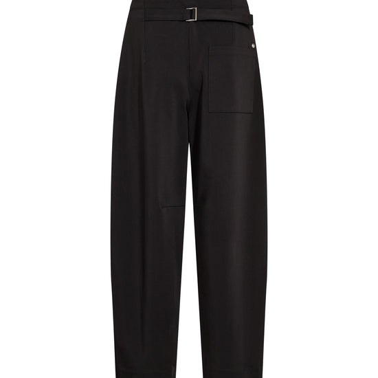 black tailored trousers with buckle detail on a white background rear view 