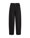 black tailored trousers with buckle detail on a white background rear view 
