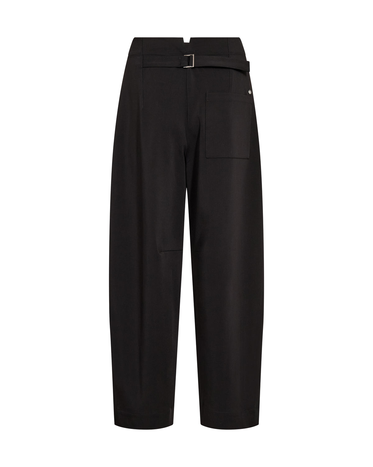 black tailored trousers with buckle detail on a white background rear view 