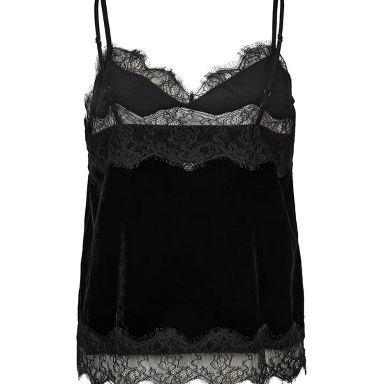 A black velvet camisole top with delicate black lace trim along the bust, underband, and hem, displayed against a solid white background.
