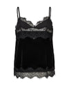 A black velvet camisole top with delicate black lace trim along the bust, underband, and hem, displayed against a solid white background.
