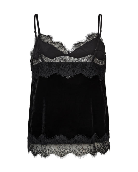 A black velvet camisole top with delicate black lace trim along the bust, underband, and hem, displayed against a solid white background.