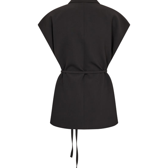 Sleeveless black blazer with tie on a white background rear view