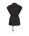 Sleeveless black blazer with tie on a white background rear view