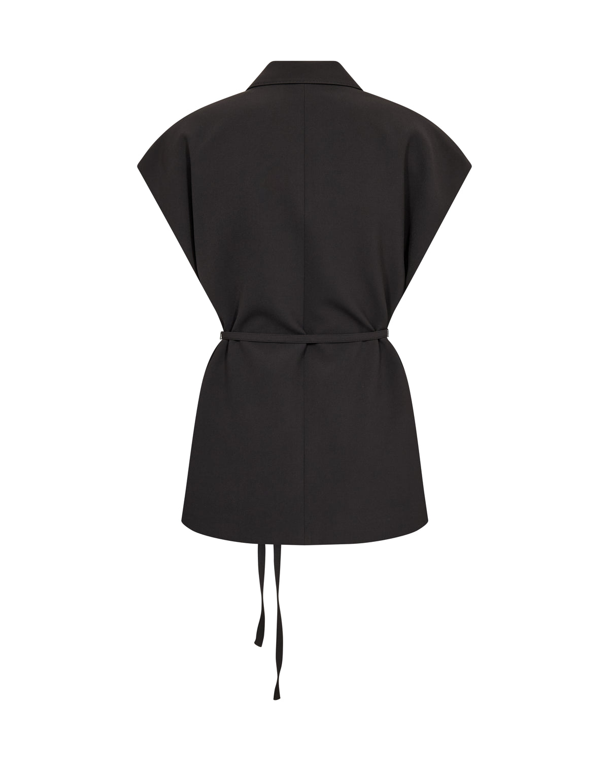 Sleeveless black blazer with tie on a white background rear view