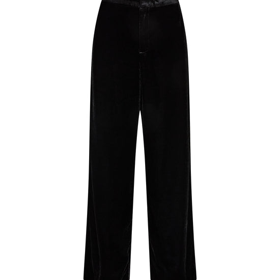 Black velvet wide-leg trousers with a front zipper and drawstring waist, shown against a plain white background.