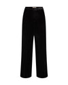 Black velvet wide-leg trousers with a front zipper and drawstring waist, shown against a plain white background.
