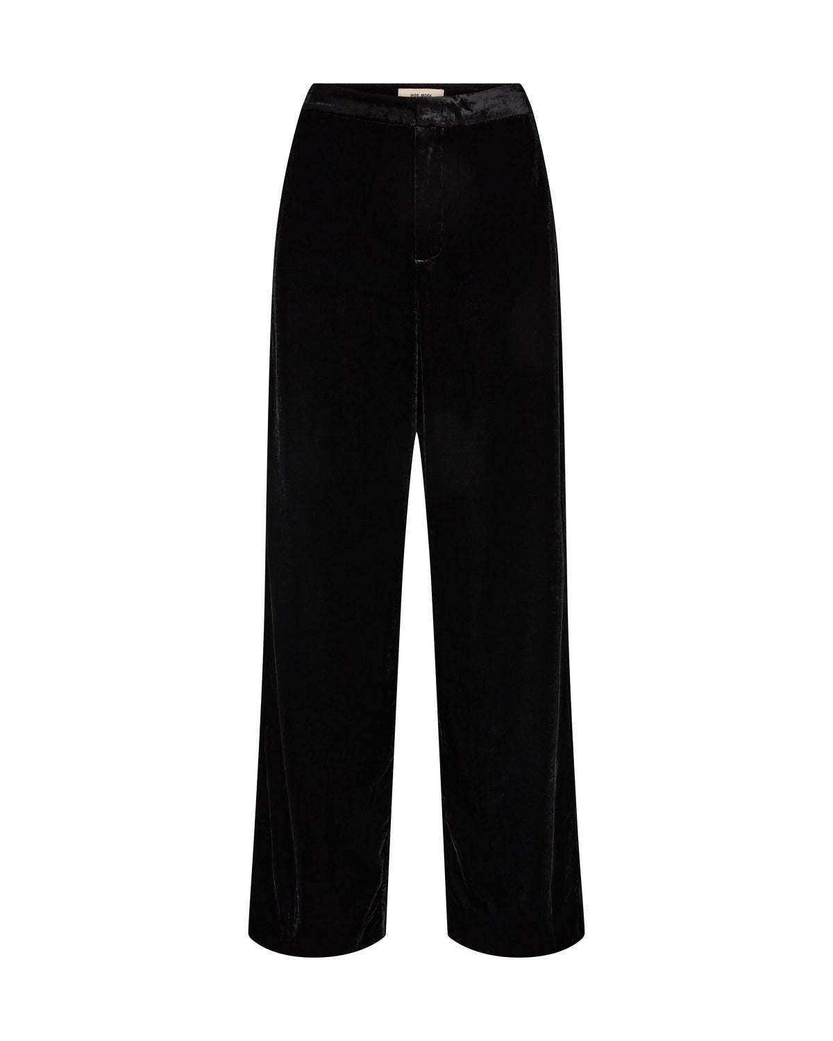 Black velvet wide-leg trousers with a front zipper and drawstring waist, shown against a plain white background.