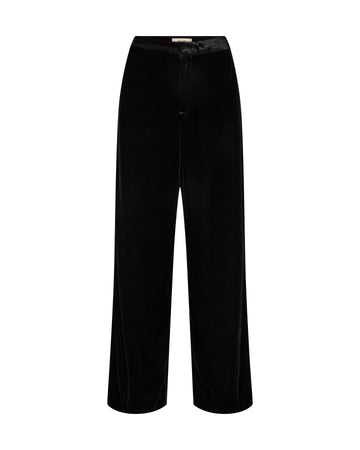 Black velvet wide-leg trousers with a front zipper and drawstring waist, shown against a plain white background.