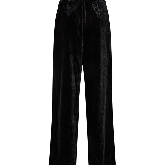Black velvet wide-leg trousers with a drawstring waistband, shown against a plain white background.