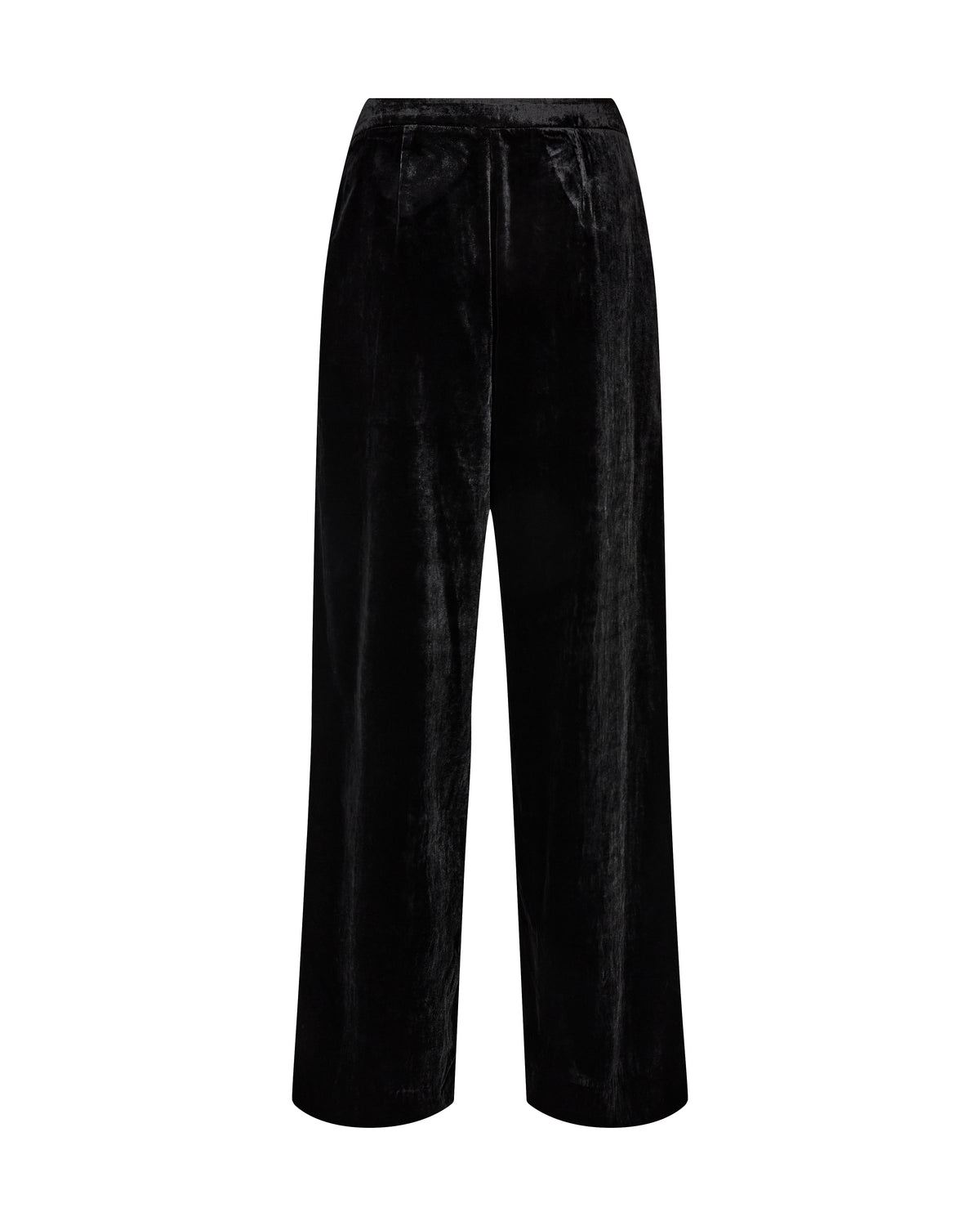 Black velvet wide-leg trousers with a drawstring waistband, shown against a plain white background.
