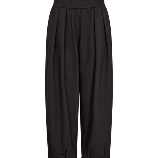 Black elasticated trousers on a white background