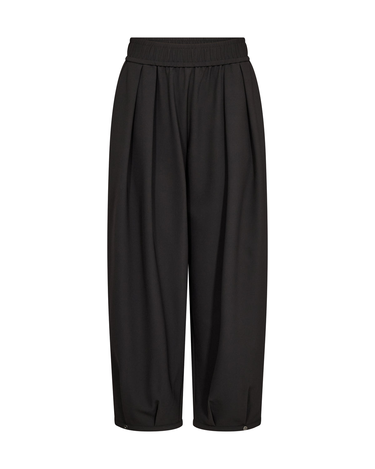 Black elasticated trousers on a white background