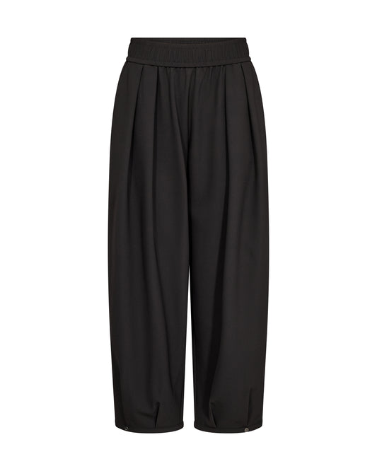 Black elasticated trousers on a white background