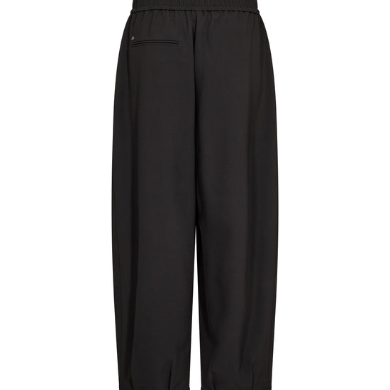 Black wide-leg cropped pants with an elastic waistband and a zippered pocket on the left side, shown against a plain white background.