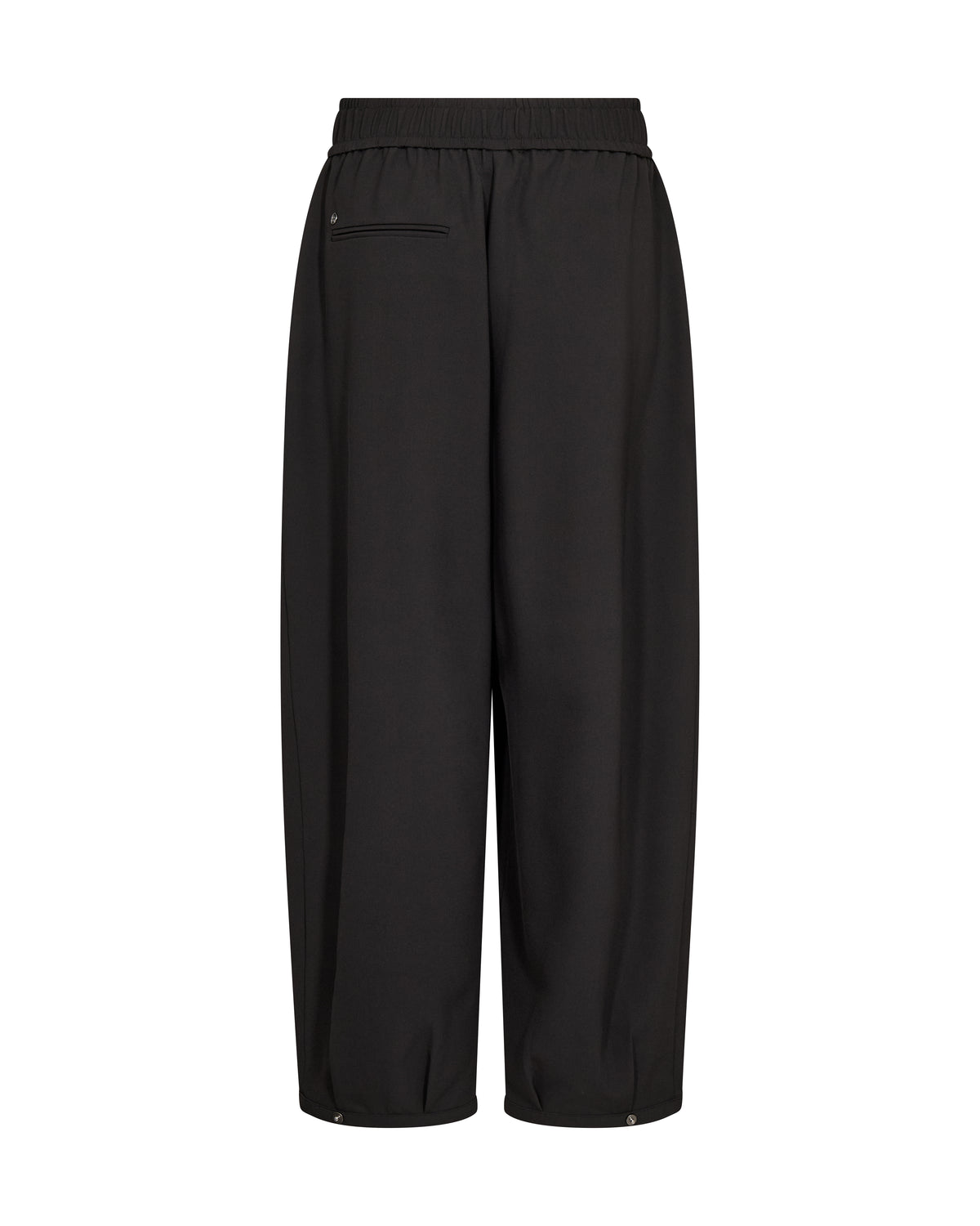 Black wide-leg cropped pants with an elastic waistband and a zippered pocket on the left side, shown against a plain white background.