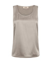 A sleeveless scoop-neck tank top in a light taupe-beige color, displayed flat against a solid white background. The brand label at the inner collar 