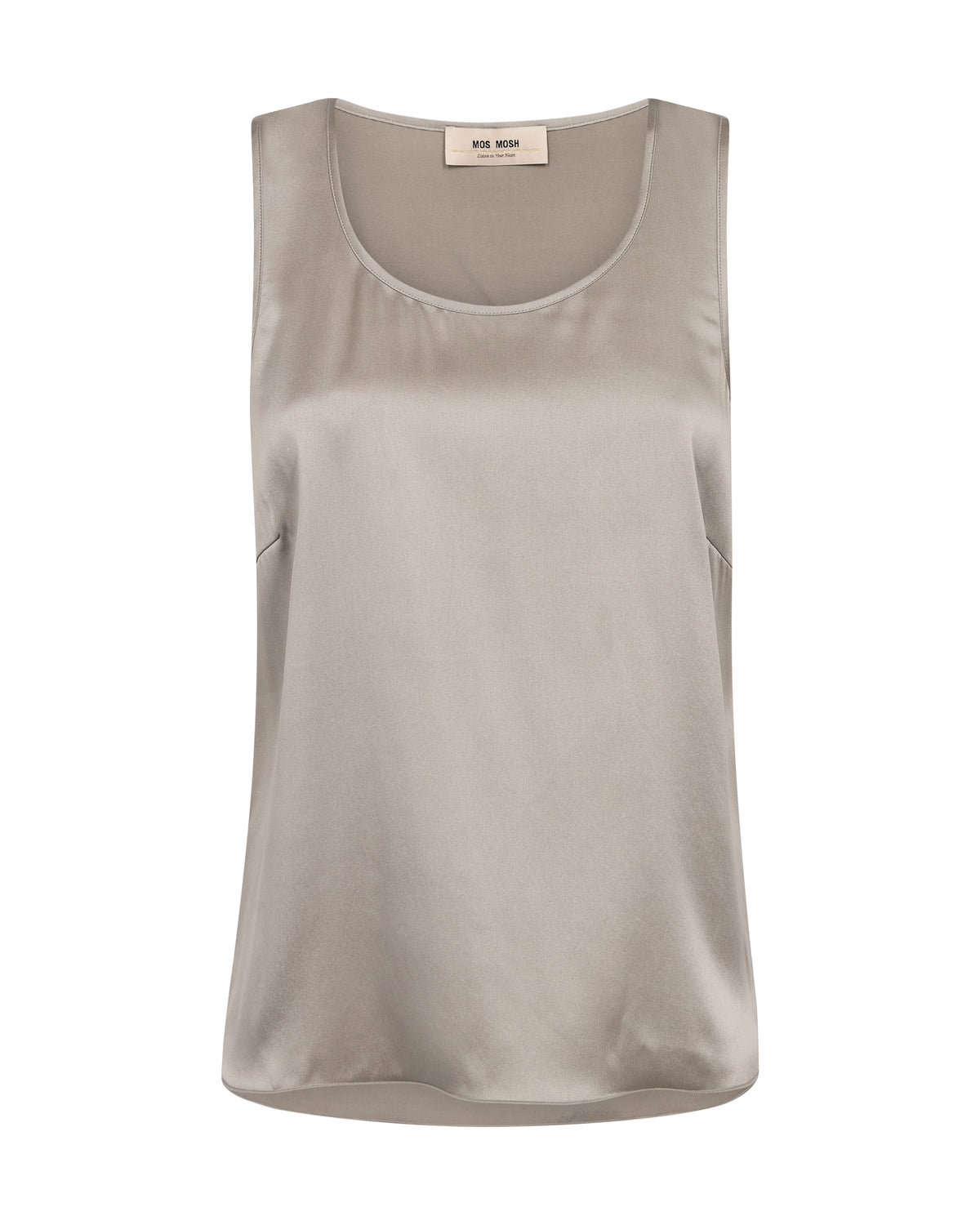 A sleeveless scoop-neck tank top in a light taupe-beige color, displayed flat against a solid white background. The brand label at the inner collar 