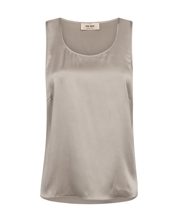 A sleeveless scoop-neck tank top in a light taupe-beige color, displayed flat against a solid white background. The brand label at the inner collar 