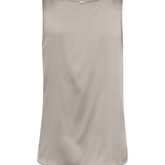 A sleeveless, scoop-neck top in a light taupe-beige color, shown flat against a solid white background.