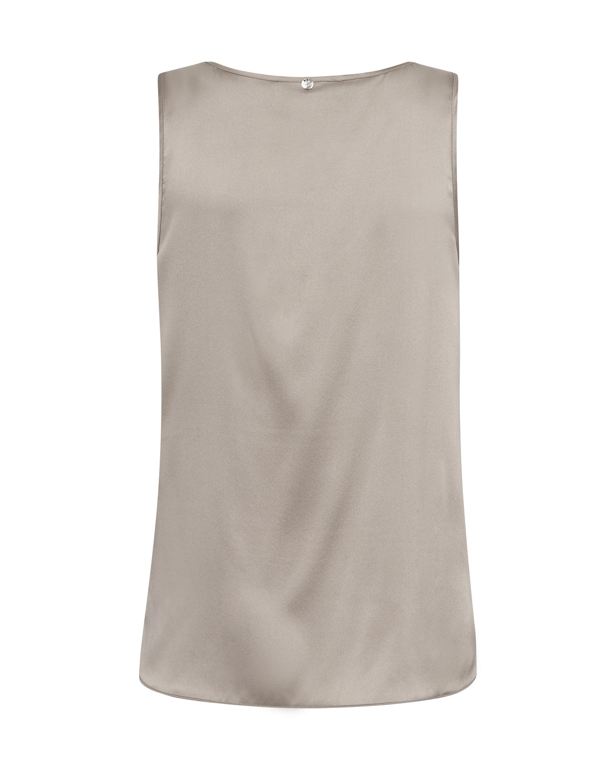 A sleeveless, scoop-neck top in a light taupe-beige color, shown flat against a solid white background.