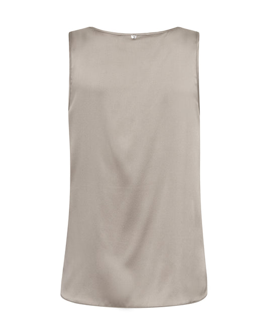 A sleeveless, scoop-neck top in a light taupe-beige color, shown flat against a solid white background.