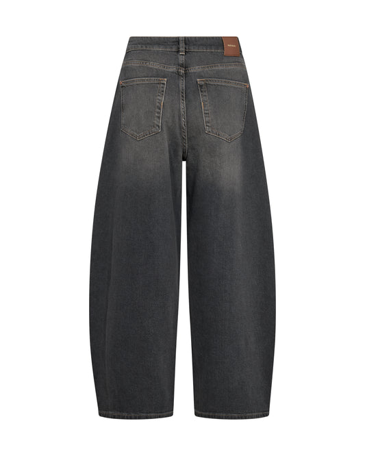 Back view of dark gray wide-leg denim jeans with a brown leather patch on the waistband, shown on a plain white background.