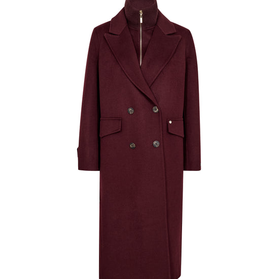 Maroon coat with a high collar on a white background