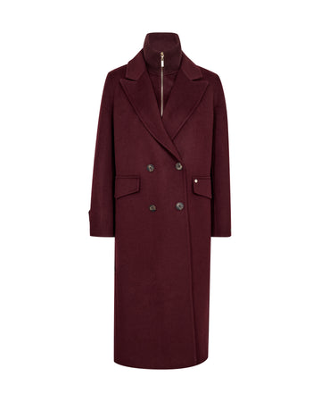 Maroon coat with a high collar on a white background