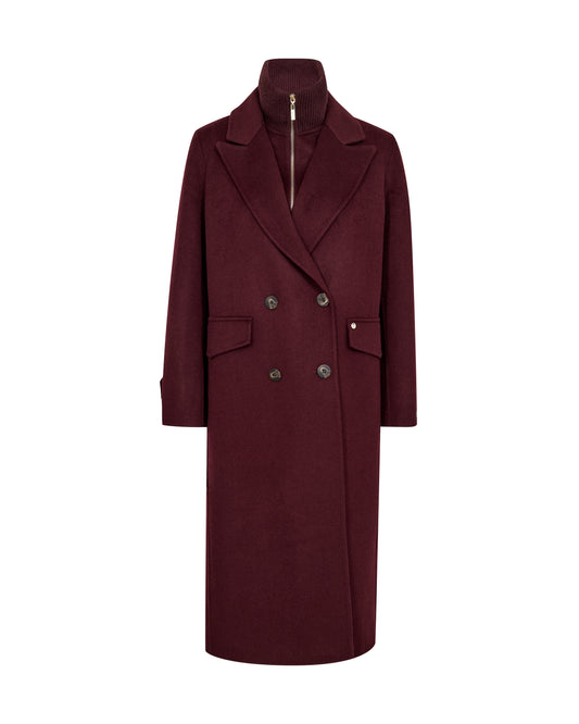 Maroon coat with a high collar on a white background