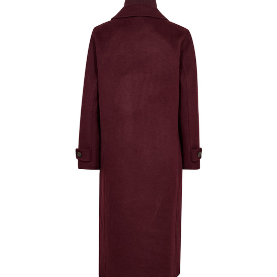 Maroon coat with a high collar on a white background