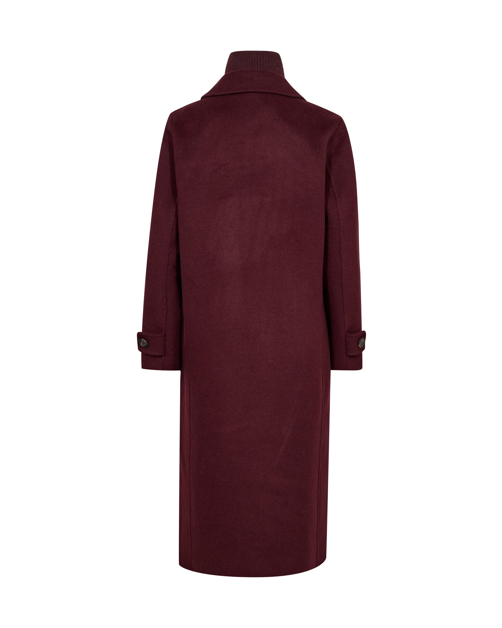 Maroon coat with a high collar on a white background