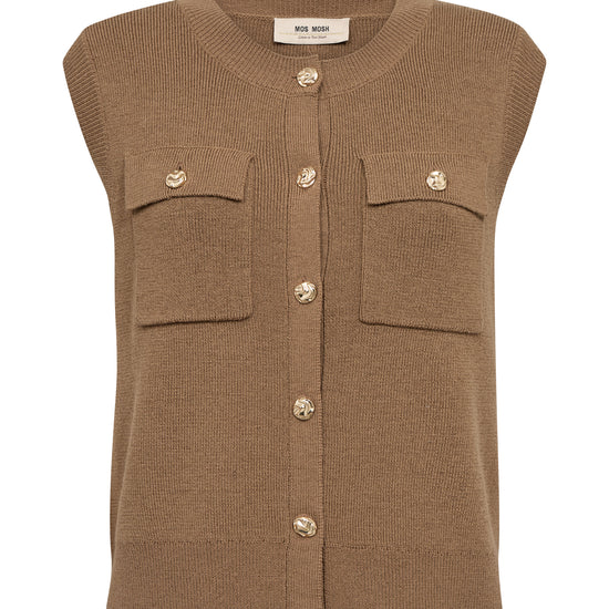 Brown sleeveless vest with button details on a white background