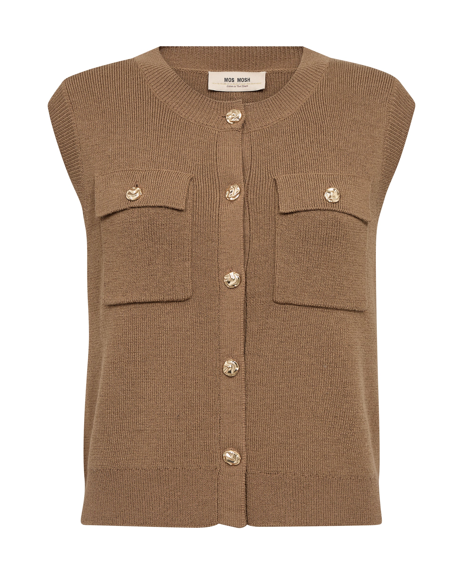 Brown sleeveless vest with button details on a white background
