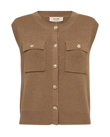 Brown sleeveless vest with button details on a white background