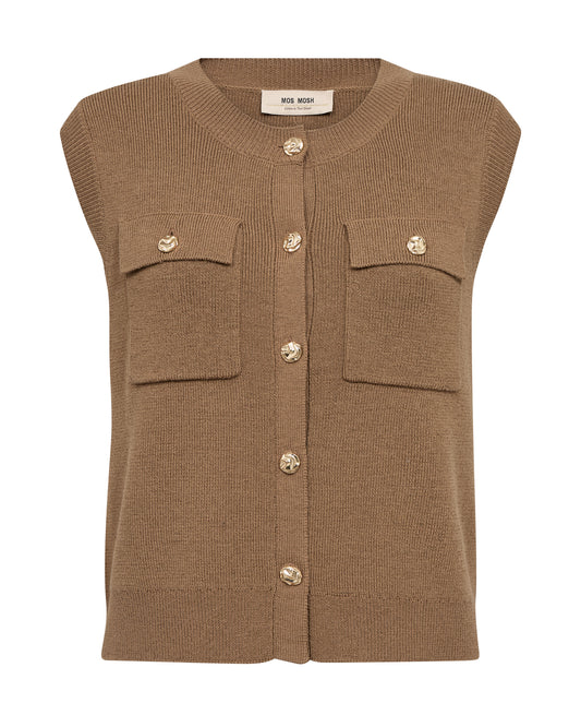 Brown sleeveless vest with button details on a white background