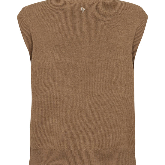 Brown sleeveless sweater vest on a white background