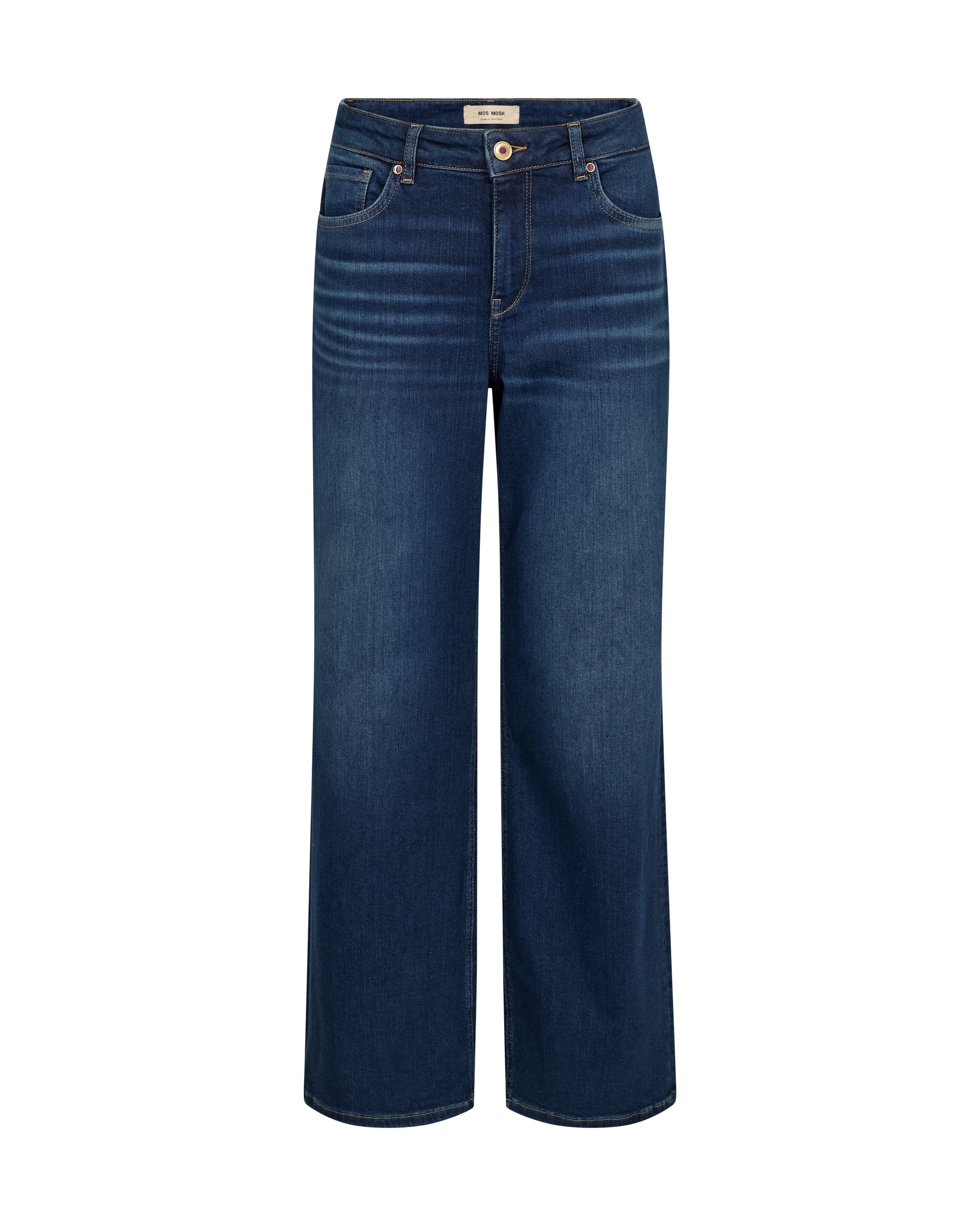 Blue jeans with port  and gold stud detail on a white background