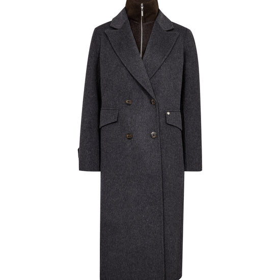 Maroon coat with a high collar on a white background
