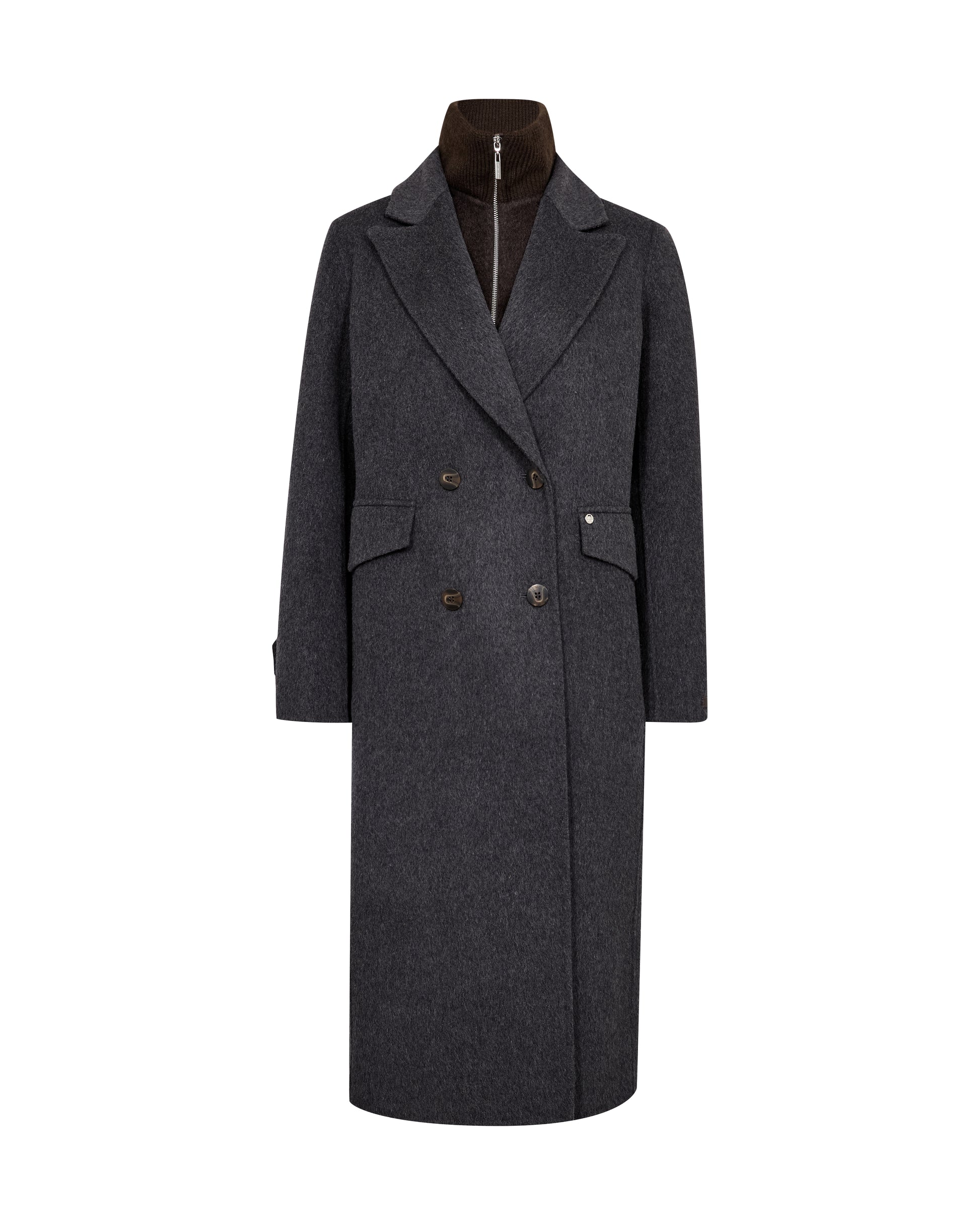 Maroon coat with a high collar on a white background